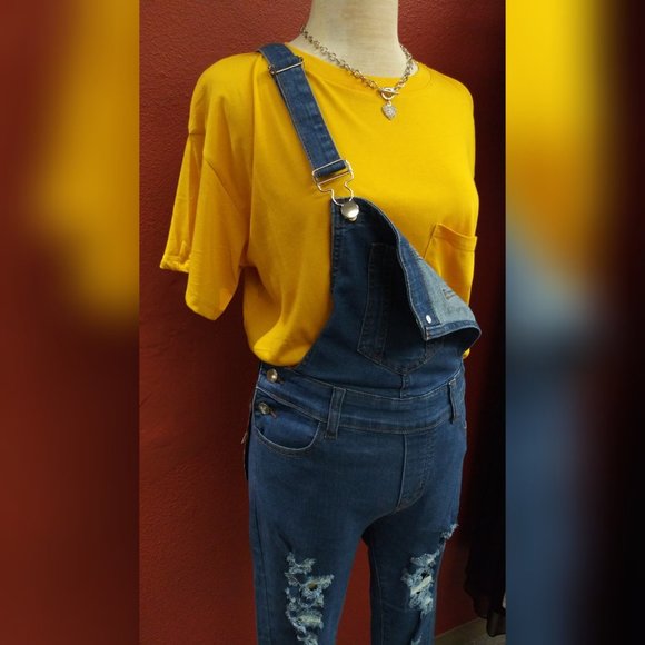 Denim Distressed Overall Jeans - Picture 3 of 7